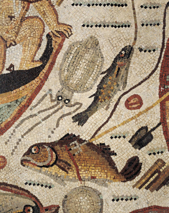 成年人,一个人,竖图,室内,船,仅一个男性,三只,花纹,图案,鱼类,古罗马,古代,摄影,部分,接,美术工艺,彩图,钓鱼