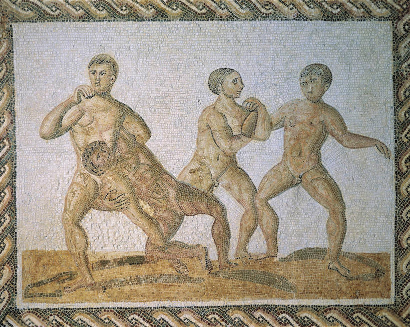 成年人,健壮,裸体,四个人,横图,特写,白天,竞争,摔跤,突尼斯,花纹,图案,古罗马,古代,摄影,古代文明,彩图,过去