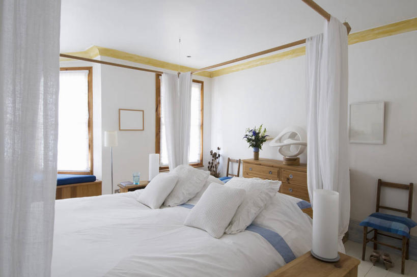 无人,横图,室内,白天,床,卧室,首都,床上用品,现代,英格兰,白色,摄影,软垫,彩图,四柱床