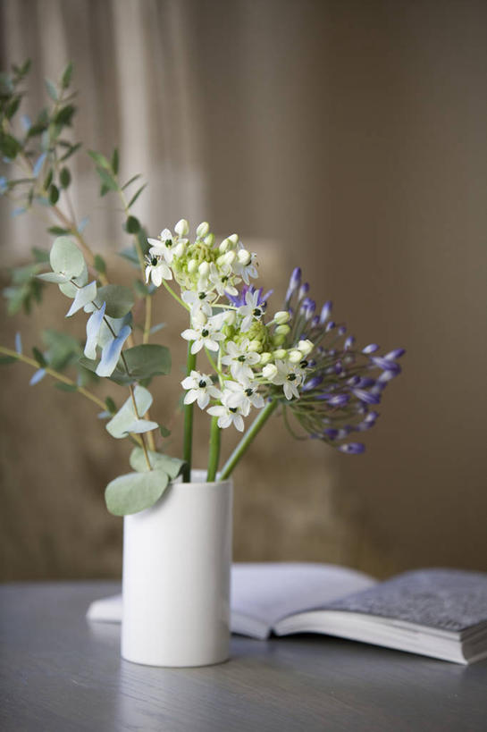 无人,竖图,室内,白天,花瓶,现代,英格兰,蓝色,白色,灰色,插花,摄影,非洲百合,桉树,彩图