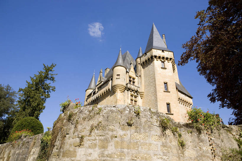 无人,家,横图,室外,白天,仰视,旅游,度假,石头,名胜古迹,植物,标志建筑,地标,建筑,法国,欧洲,遗迹,石子,堡垒,城堡,房屋,屋子,公寓,古迹,文物,娱乐,建设,古建筑,洋房,楼房,住宅,树,树木,蓝色,绿色,蓝天,天空,自然,天,享受,休闲,旅游胜地,放松,生长,晴朗,成长,西欧,要塞,法兰西,古文明,万里无云,法兰西共和国,阿基坦,法兰西第五共和国,多尔多涅省,亚魁当,阿基坦大区,设防,多尔多涅,佩里格,石块,岩石,晴空,晴空万里,彩图,低角度拍摄,房子,佩里格区