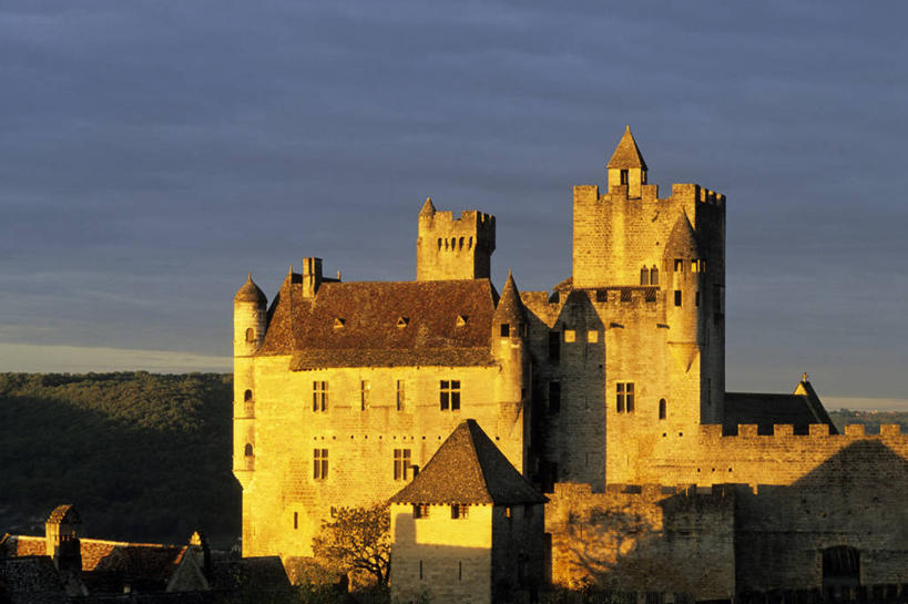 无人,横图,室外,白天,正面,旅游,度假,名胜古迹,日落,树林,植物,窗户,标志建筑,地标,建筑,法国,欧洲,遗迹,堡垒,城堡,晚霞,霞光,落日,古迹,文物,娱乐,建设,古建筑,玻璃窗,树,树木,绿色,自然,黄昏,享受,休闲,旅游胜地,彩霞,放松,生长,成长,西欧,要塞,法兰西,古文明,法兰西共和国,阿基坦,法兰西第五共和国,夕照,薄暮,多尔多涅省,亚魁当,阿基坦大区,设防,多尔多涅,夕阳,彩图,傍晚,贝纳克和卡泽纳克,萨拉拉卡内达区,斜阳