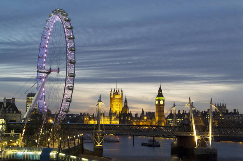 无人,横图,室外,天际线,英国,首都,伦敦眼,泰晤士河,黄昏,摄影,英国文化,大转轮,彩图