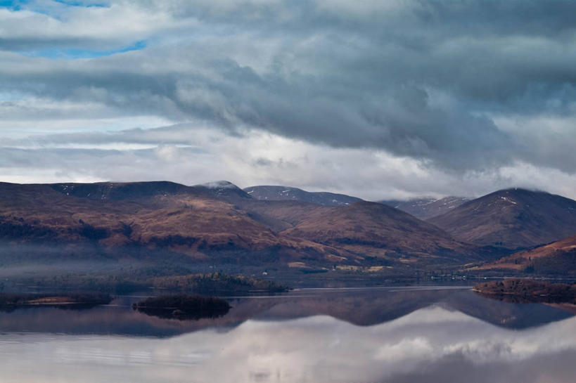 无人,横图,室外,白天,山,多云,英国,反射,地形,水面,云,苏格兰,风景,摄影,宁静,洛蒙德湖,彩图