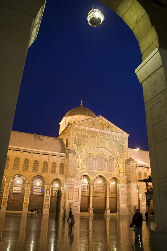 广场,竖图,室外,夜晚,旅游,城市,建筑,叙利亚,反射,拱门,首都,宏伟,摄影,照亮,伊斯兰教,大清真寺,大马士革,彩图