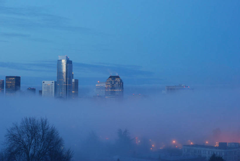 无人,横图,室外,神秘,天际线,雾,摩天大楼,美国,黎明,摄影,照亮,早晨,市区,西雅图,彩图