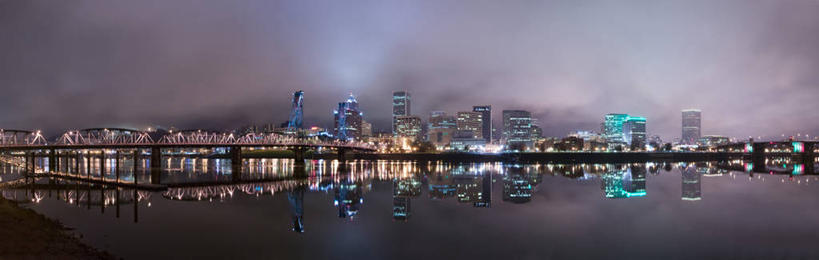 无人,横图,全景,室外,海洋,天际线,建筑,摩天大楼,对称,反射,桥,现代,摄影,照亮,波特兰,彩图