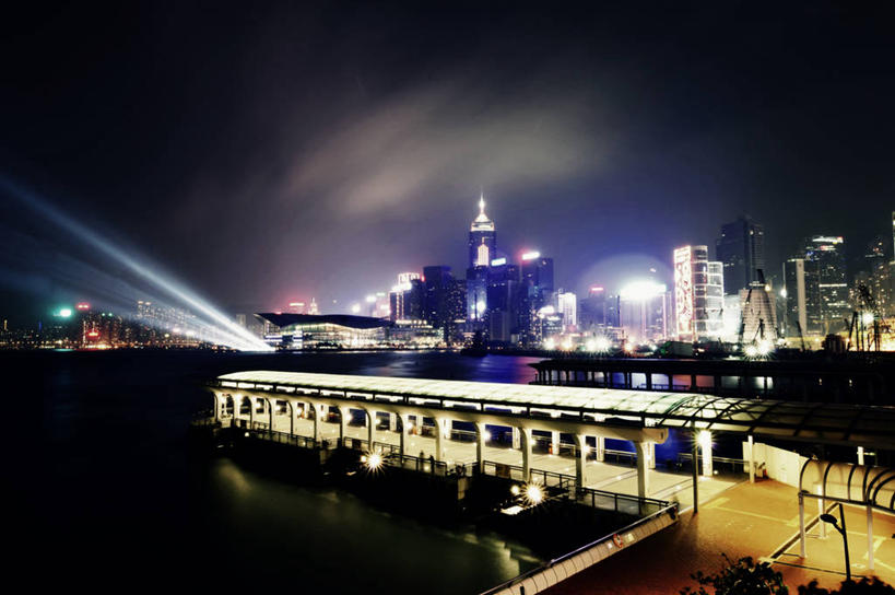 无人,码头,横图,室外,夜晚,天际线,建筑,香港,维多利亚港,摄影,照亮,彩图