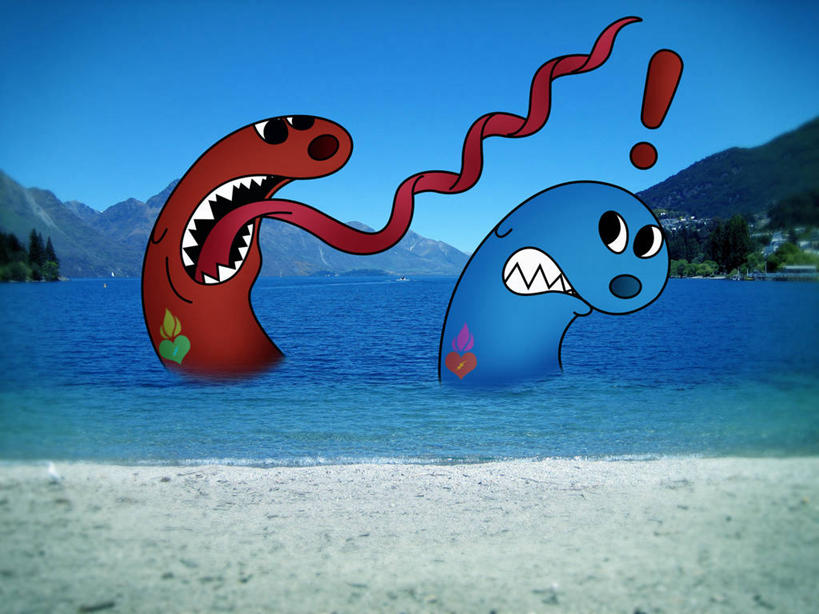 无人,横图,插画,室外,白天,通讯,数码,科技,湖,山,新西兰,阴影,生气,网络,高光,几何,计算机图形,合成,图画,画,动物,两只,摄影,幽默,电脑合成图,数码合成图,合成图,怪物,漫画,写实,具体,具象,想法,尼斯湖,海滩,争论,彩图