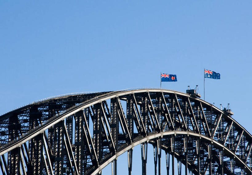 无人,横图,室外,白天,建筑,澳大利亚,钢铁,拱门,顶部,拱桥,地标建筑,摄影,部分,悉尼,万里无云,新南威尔士,彩图,澳大利亚国旗,悉尼港桥