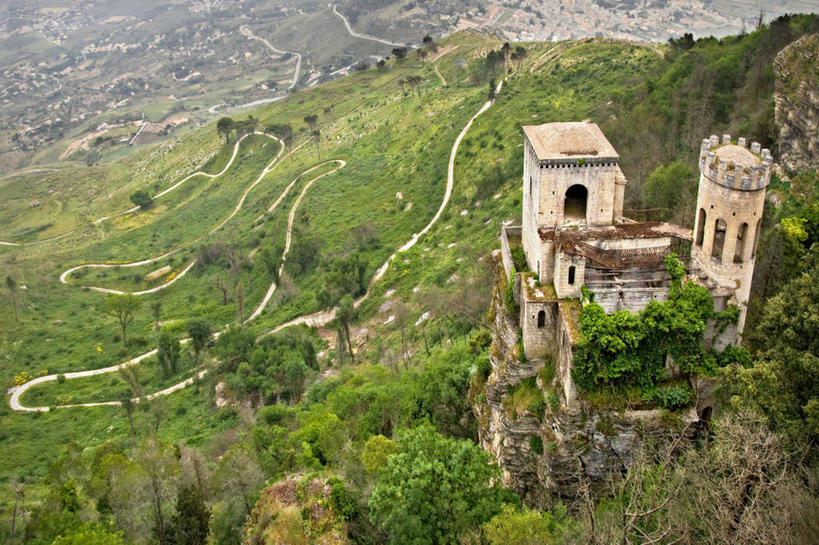 无人,横图,俯视,室外,白天,美景,建筑,意大利,城堡,景观,小路,山谷,历史,风景,自然,景色,摄影,宁静,西西里,自然风光,意大利文化,特拉帕尼,彩图,高角度拍摄,过去