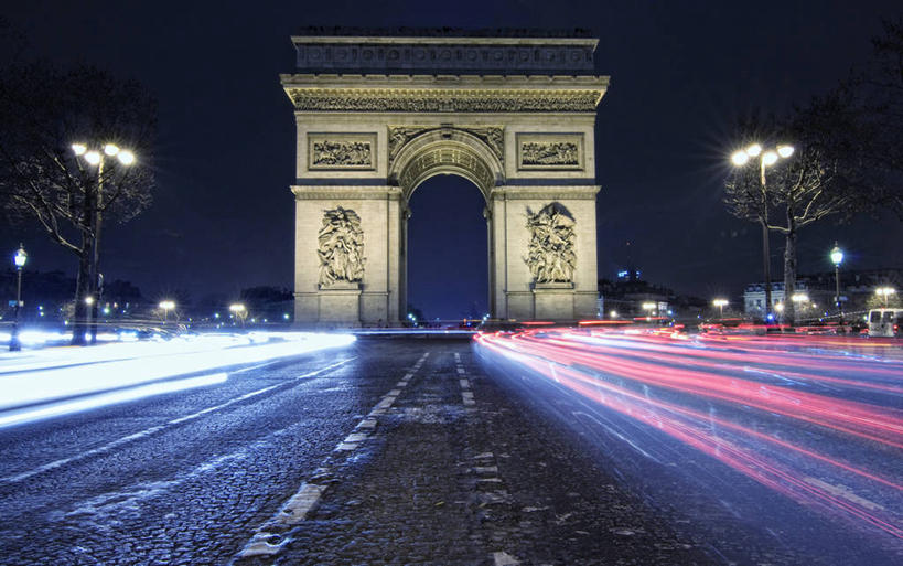 无人,横图,室外,夜晚,长时间曝光,道路,建筑,路,公路,法国,凯旋门,巴黎,拱门,交通,首都,地标建筑,摄影,照亮,法国文化,19世纪,马路,彩图,浅浮雕