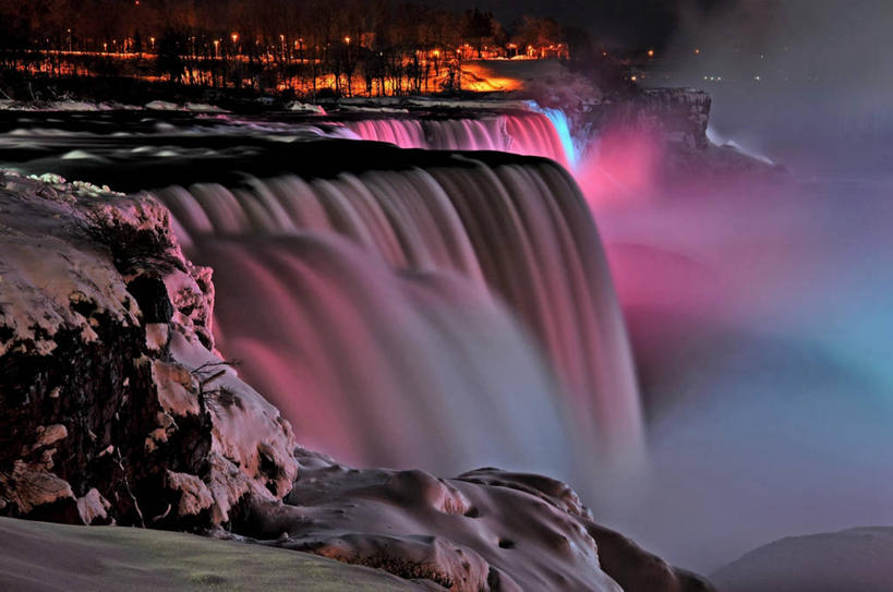 无人,横图,室外,夜晚,长时间曝光,美景,美国,喷,飞溅,溅,地形,景观,悬崖,宏伟,风景,自然,景色,摄影,宁静,照亮,自然风光,纽约州,尼亚加拉瀑布,彩图