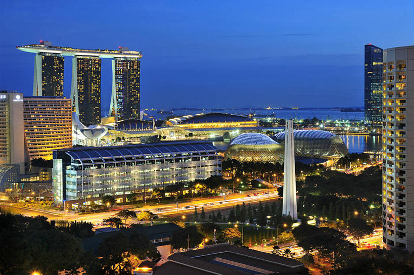 无人,横图,俯视,室外,夜晚,长时间曝光,天际线,建筑,摩天大楼,新加坡,现代,摄影,照亮,市区,彩图,高角度拍摄,滨海湾金沙酒店