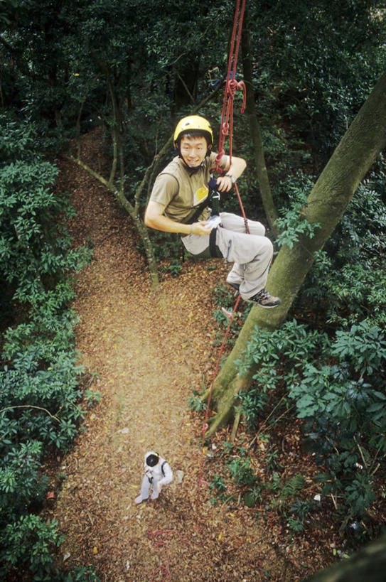 成年人,中年人,两个人,竖图,俯视,室外,白天,森林,台湾,吊挂,悬挂,头饰,挂,树,绳子,摄影,东亚人,新竹,冒险,中年男性,彩图,高角度拍摄,滑索