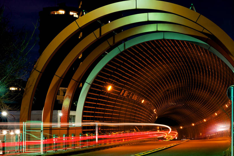 无人,横图,室外,夜晚,长时间曝光,建筑,东京,日本,日本文化,弯曲,隧道,交通,首都,现代,运输,摄影,尾灯,迅速,照亮,彩图