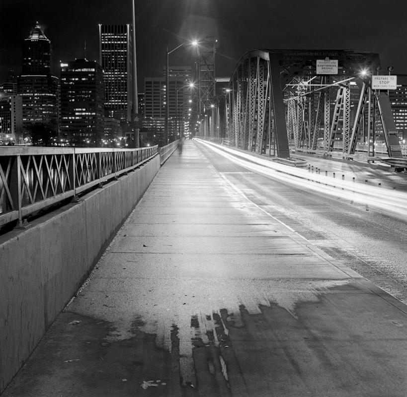 无人,横图,黑白,室外,夜晚,城市,建筑,路,路灯,美国,桥,联系,运输,摄影,俄勒冈州,波特兰