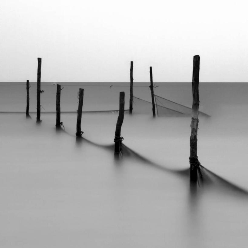 无人,方图,黑白,室外,白天,渔业,海洋,荷兰,水平线,杆,摄影,宁静,鱼网