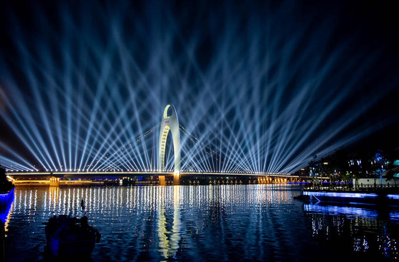 无人,横图,室外,夜晚,水,城市,建筑,庆祝,反射,桥,自然,运输,摄影,聚光灯,宁静,照亮,死水,彩图,猎德大桥,亚运会