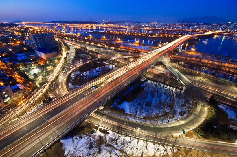 无人,横图,俯视,室外,夜晚,长时间曝光,城市,建筑,首尔,韩国,交通,首都,天空,摄影,尾灯,迅速,照亮,高架道路,彩图,高角度拍摄