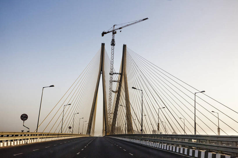 无人,横图,室外,白天,建筑业,建筑,路灯,印度,路标,斜拉桥,桥,联系,天空,运输,摄影,马哈拉施特拉邦,孟买,彩图,防撞护栏