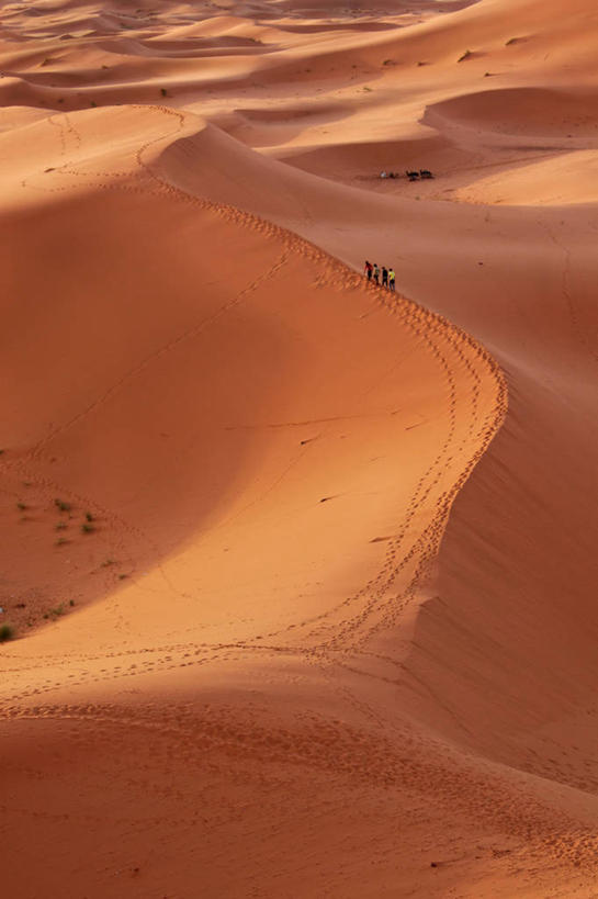 四个人,竖图,俯视,室外,白天,沙漠,摩洛哥,朦胧,模糊,沙丘,自然,摄影,冒险,彩图,高角度拍摄