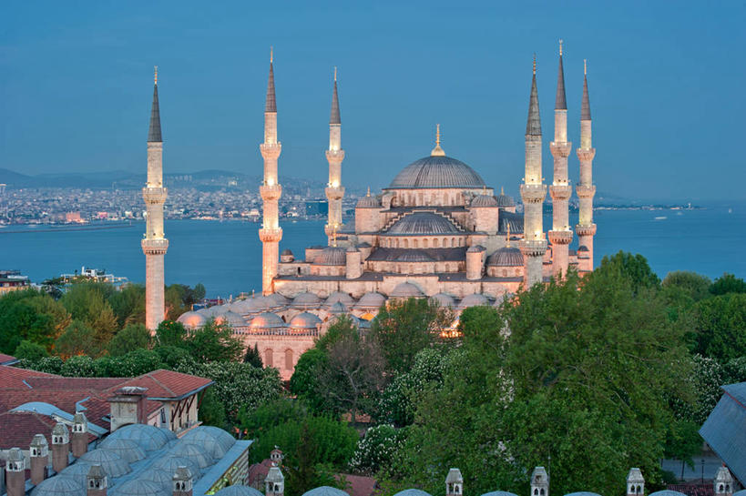 无人,横图,室外,海洋,建筑,欧洲,历史,树,天空,黄昏,摄影,宗教,伊斯兰教,清真寺,素檀阿梅特区,伊斯坦布尔,蓝色清真寺,彩图