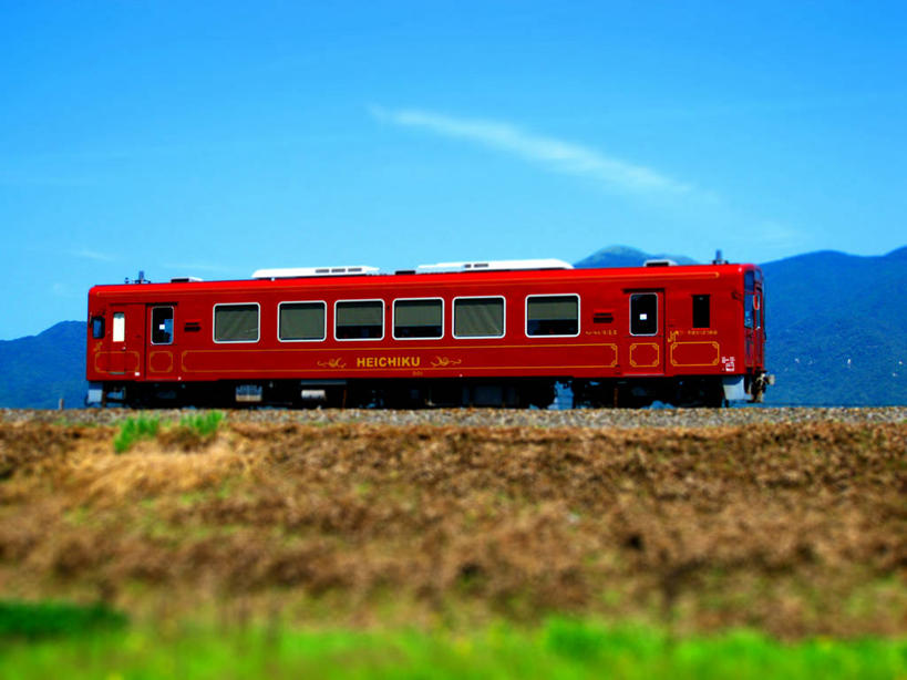 无人,横图,室外,白天,山,火车,日本,云,车厢,草,天空,自然,运输,摄影,福冈,彩图