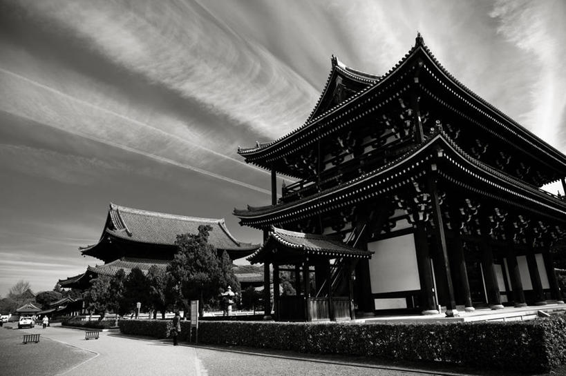 寺庙,横图,黑白,室外,白天,建筑,日本,日本文化,大门,云,树,摄影,宗教,佛教,京都府,宗教建筑,京都市,东福寺