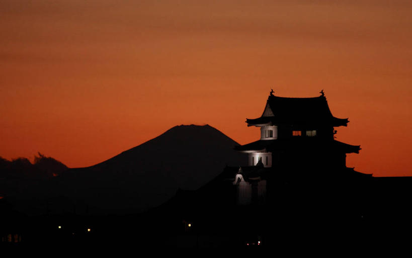 无人,寺庙,横图,室外,日落,山,富士山,日本,日本文化,宝塔,风景,自然,黄昏,橙色,摄影,宗教,宁静,照亮,剪影,茨城县,彩图
