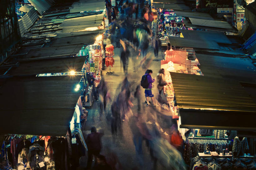 商店,横图,俯视,室外,夜晚,运动模糊,购物,消费,城市,建筑,香港,市场,许多人,一群人,零售,摄影,照亮,旺角,彩图,高角度拍摄