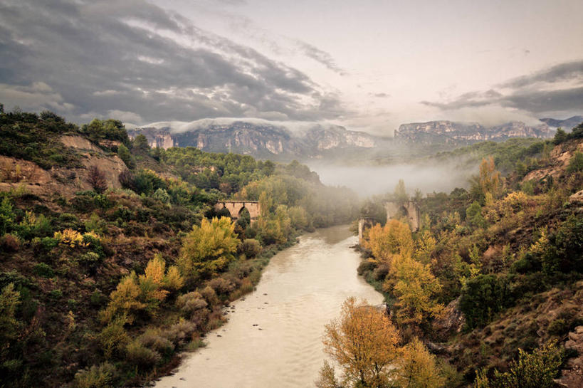 无人,横图,室外,白天,河流,美景,山,山脉,雪,植物,雾,西班牙,地形,景观,冬天,树,风景,自然,景色,寒冷,摄影,宁静,自然风光,韦斯卡,彩图