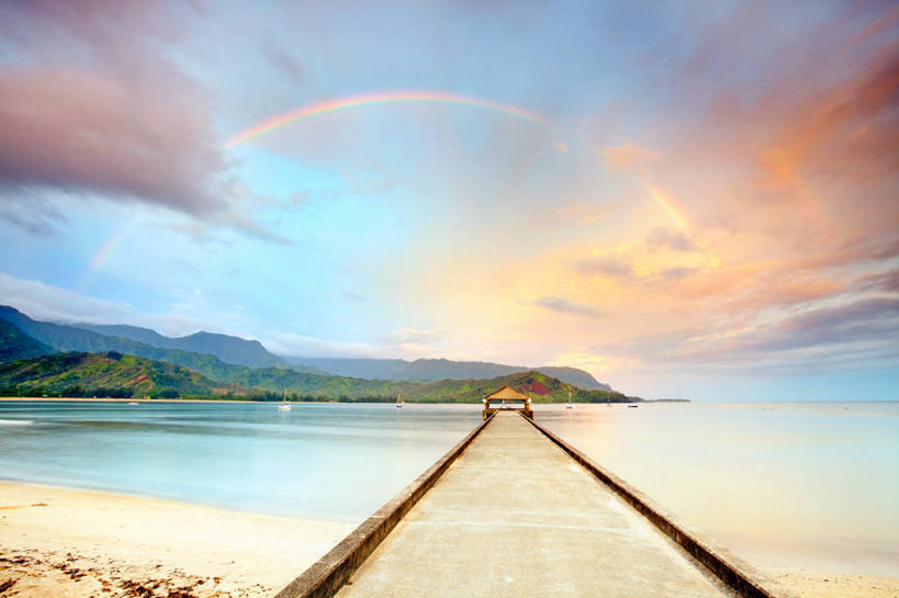 无人,码头,横图,室外,彩虹,日出,山,美国,沙子,云,风景,天空,自然,摄影,宁静,考艾岛,夏威夷群岛,太平洋岛屿,海滩,彩图