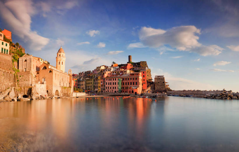 无人,横图,室外,白天,水,城市,建筑,意大利,欧洲,反射,云,天空,摄影,宁静,南欧,意大利共和国,利古里亚,利古里亚大区,五渔村,五乡地,彩图