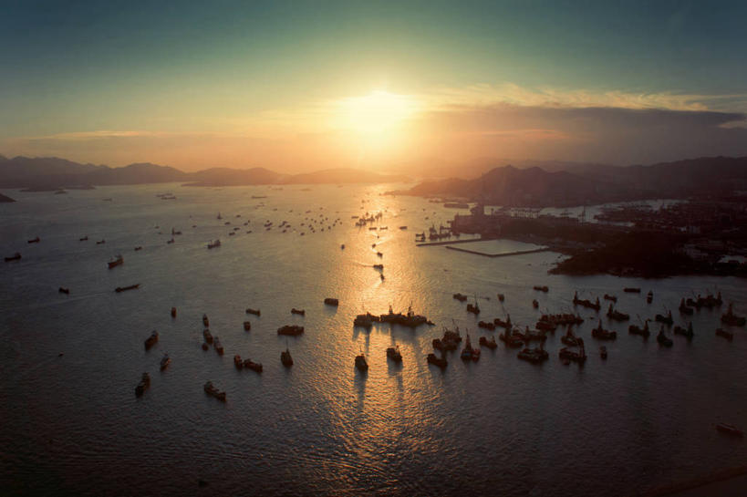 无人,横图,室外,海洋,日落,山,太阳,船,香港,反射,天空,自然,运输,摄影,渡轮,货运,剪影,彩图,海上运输