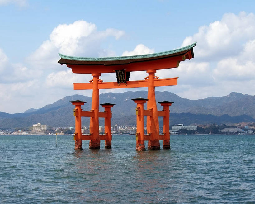 无人,横图,室外,白天,山,山脉,建筑,广岛县,日本,日本文化,鸟居,云,自然,摄影,宗教,宁静,神殿,严岛神社,灵性,死水,彩图