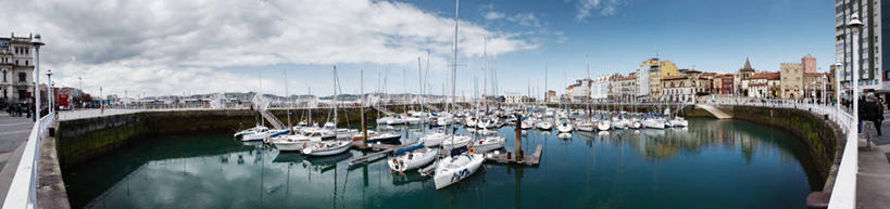 无人,横图,全景,室外,白天,海洋,建筑,船,西班牙,停靠,反射,天空,运输,摄影,宁静,停泊,阿斯图里亚斯,彩图,海港,希洪,广角