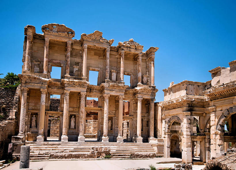 无人,图书馆,横图,室外,白天,建筑,欧洲,柱子,历史,废墟,地标建筑,摄影,陵墓,万里无云,古代文明,彩图,艾菲索斯