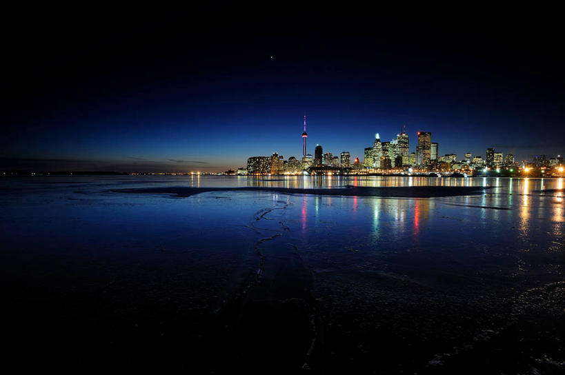 无人,横图,室外,夜晚,湖,城市,建筑,加拿大,反射,冰,冬天,天空,寒冷,摄影,宁静,照亮,北美,多伦多,安大略湖,彩图