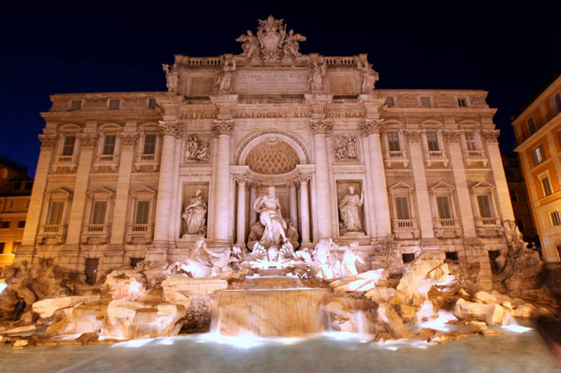 无人,广场,横图,室外,夜晚,城市,建筑,喷泉,雕塑,意大利,艺术,首都,天空,地标建筑,摄影,意大利文化,特莱维喷泉,彩图