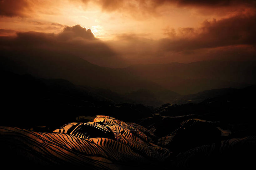 无人,横图,室外,农业,梯田,日落,山,桂林,日光,云,天空,自然,摄影,宁静,剪影,龙脊梯田,彩图