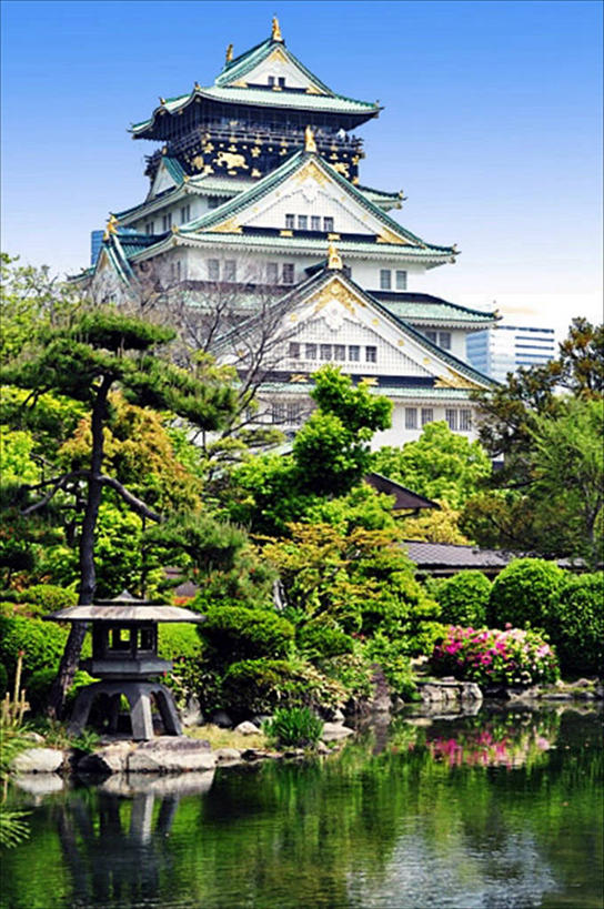 无人,竖图,室外,白天,水,建筑,日本,日本文化,反射,城堡,历史,树,天空,地标建筑,摄影,天守阁,大阪府,彩图