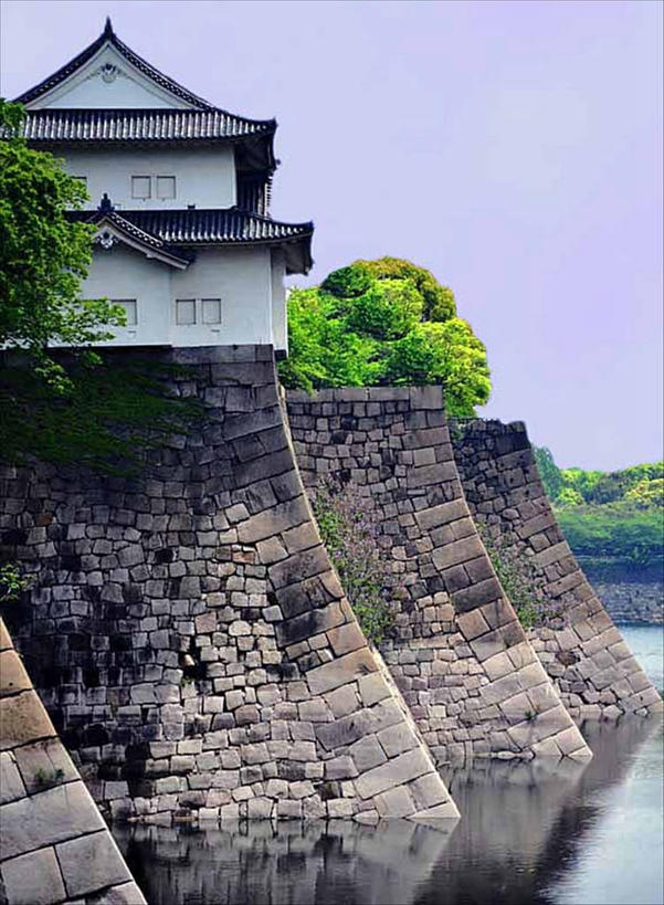 无人,竖图,室外,白天,建筑,日本,日本文化,反射,城堡,古典,历史,石墙,树,天空,摄影,天守阁,大阪府,彩图