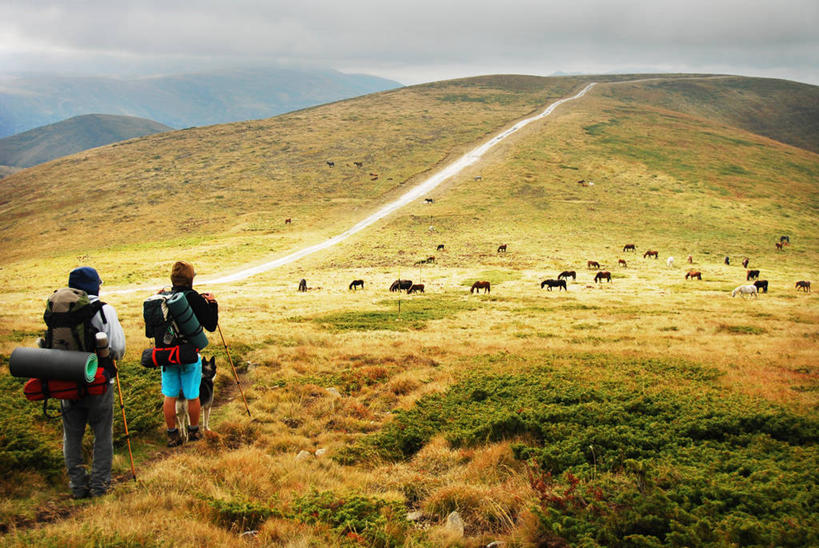 西方人,成年人,两个人,站,横图,室外,旅游,度假,探险,山,狗,马,野生动物,欧洲,保加利亚,欧洲人,一群,许多,很多,休闲装,娱乐,背面,天空,自然,享受,休闲,放松,摄影,国家公园,登山杖,冒险,年轻男性,年轻女性,白种人,年轻人,彩图