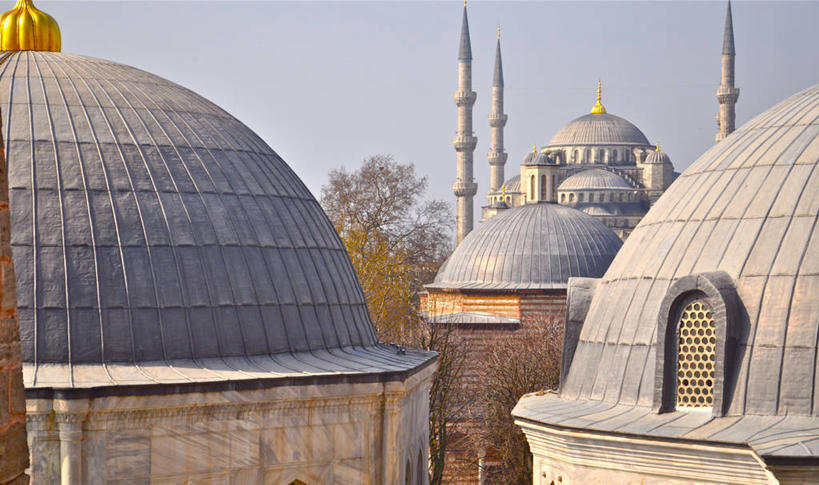 无人,横图,室外,白天,城市,建筑,欧洲,摄影,宗教,尖塔,伊斯兰教,圆顶建筑,清真寺,树梢,伊斯坦布尔,蓝色清真寺,式样,彩图