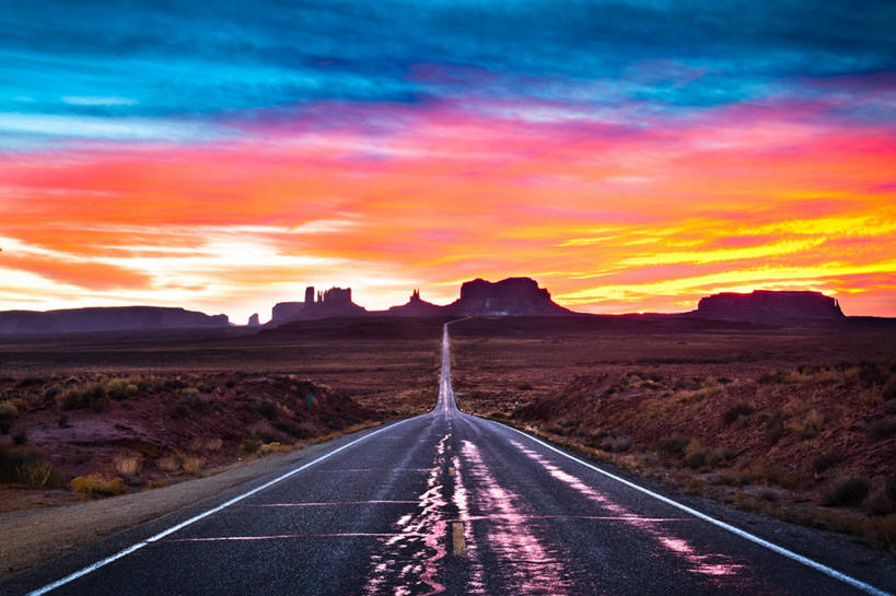 无人,横图,室外,美景,日落,路,美国,地形,景观,云,自然,景色,运输,摄影,宁静,自然风光,纪念碑山谷,犹他,彩图