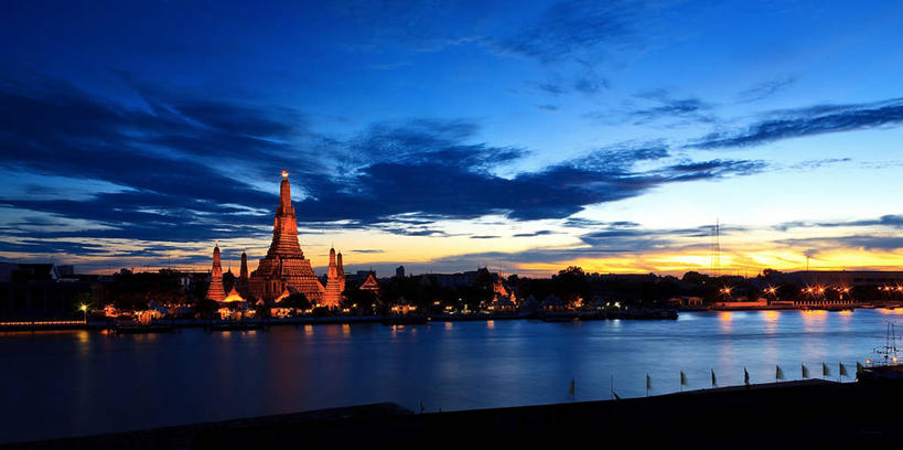 无人,横图,全景,室外,河流,建筑,曼谷,泰国,反射,云,首都,风景,天空,黄昏,摄影,宗教,宁静,泰国文化,郑王庙,彩图