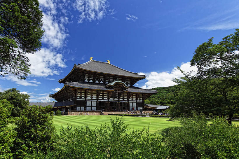 无人,横图,室外,白天,建筑,奈良县,日本,日本文化,云,古典,草,树,天空,自然,摄影,宗教,宁静,宗教建筑,东大寺,彩图