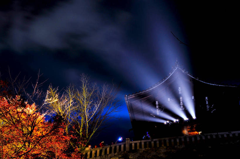 栏杆,横图,室外,夜晚,日本,日本文化,云,历史,树,摄影,宗教,佛教,京都府,聚光灯,照亮,清水寺,京都市,彩图