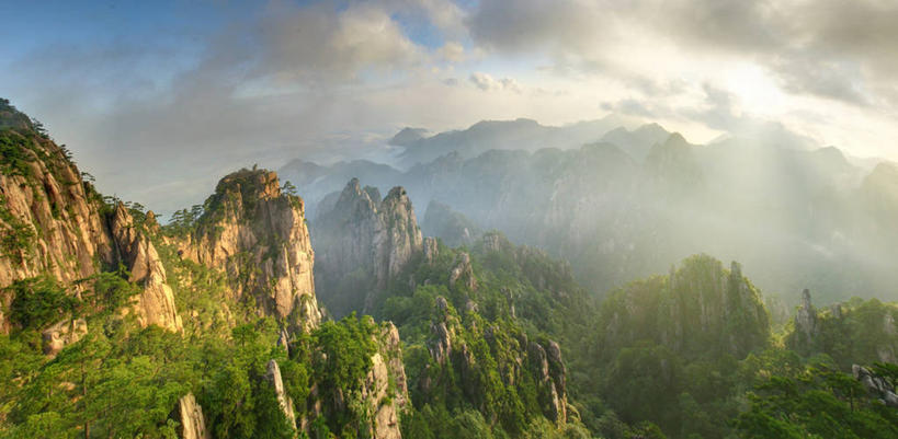 无人,横图,全景,室外,白天,华山,美景,山,日光,景观,云,树,风景,天空,自然,景色,摄影,宁静,早晨,自然风光,安徽省,地质学,自然地理,彩图,黄山山脉